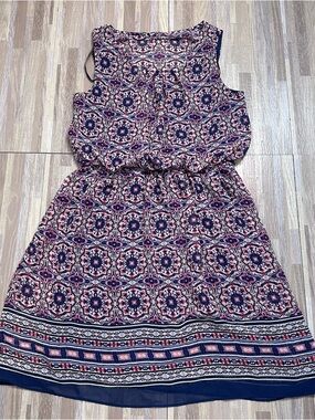 Navy Blue Sleeveless Dress with Multicolor Printed Trim Women’s Size 12